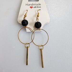 Gold Tone Black Lava Hoop Dangled Earrings